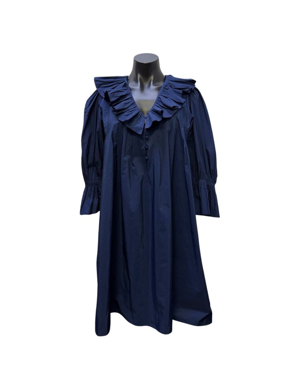 Hunter Bell Navy Ruffle Collar Smocked Sleeve Midi Dress Size M